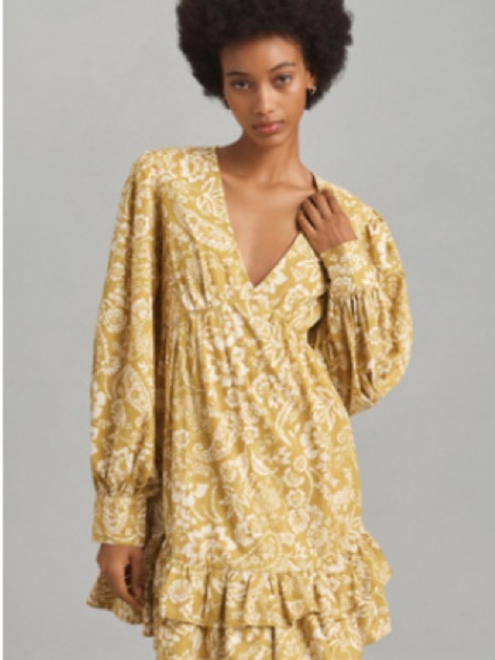 Anthropologie Mustard Yellow Floral V-Neck Tiered Long-Sleeve Dress